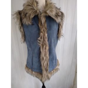 Tasha Polizzi Denim Blue Faux Suede Fur Trim Luxe Vest Sz Women’s Small GUC!